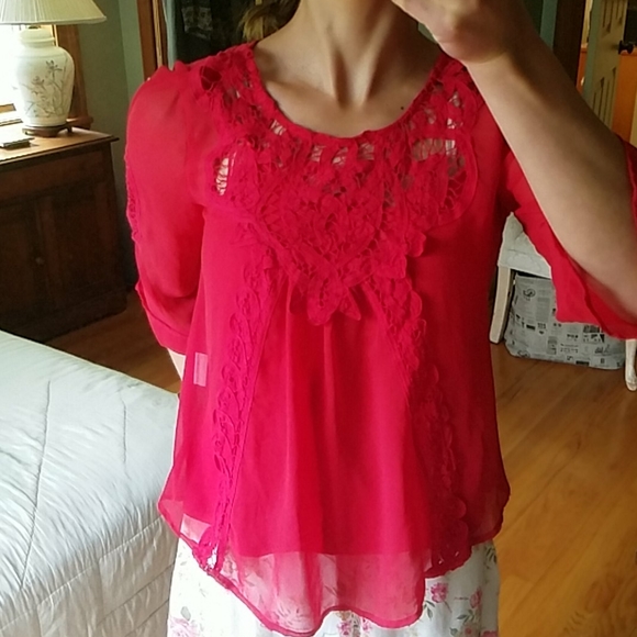 Cynthia Rowley Tops - Red Bell Sleeved Lace Chiffon Blouse